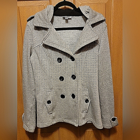 EUC Dress Barn Black White & Heather Gray Medium Pea Coat With HOOD - Picture 1 of 8